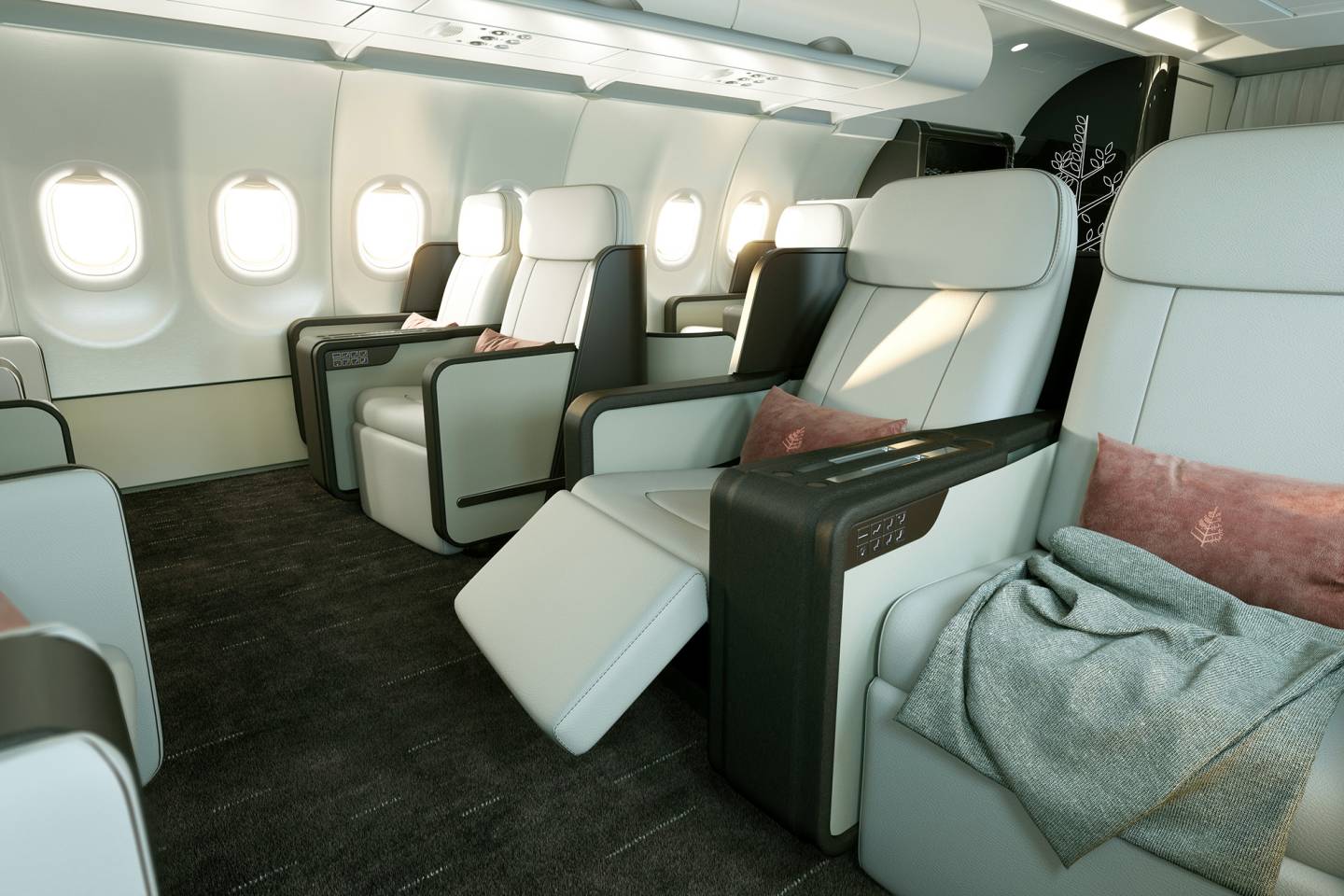 airplane interior with reclining seats